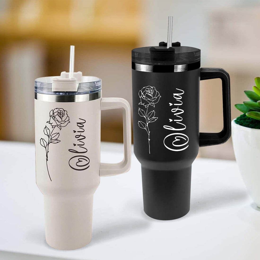 Personalized 40oz Tumbler with Handle & Straw – Custom Engraved Travel Mug
