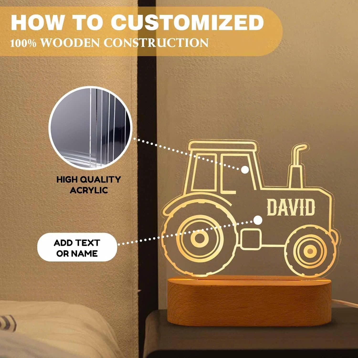 Personalized Tractor Night Light – Custom Name Lamp for Boys