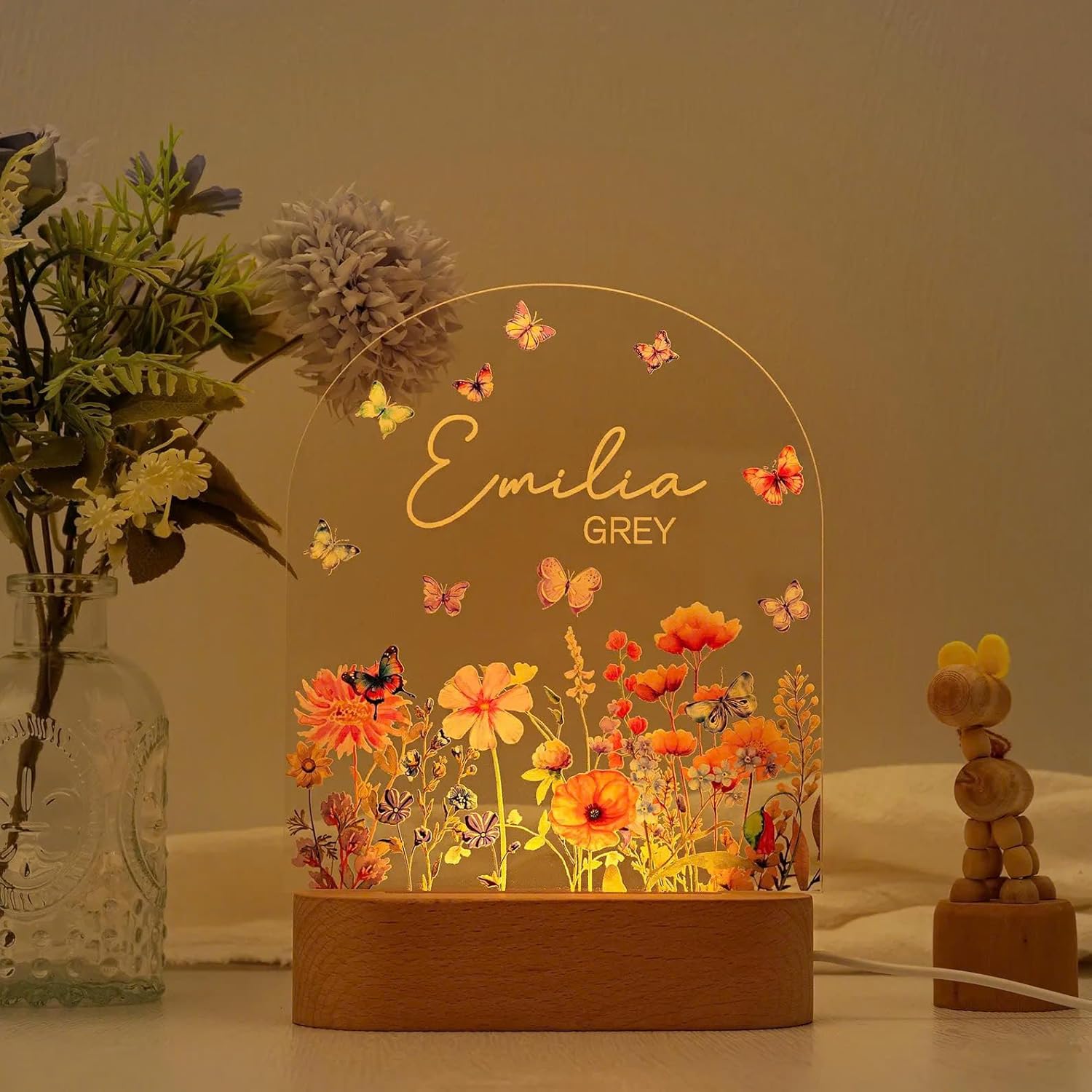 Personalized Wildflower Night Light – Custom Name & Date Baby Gift